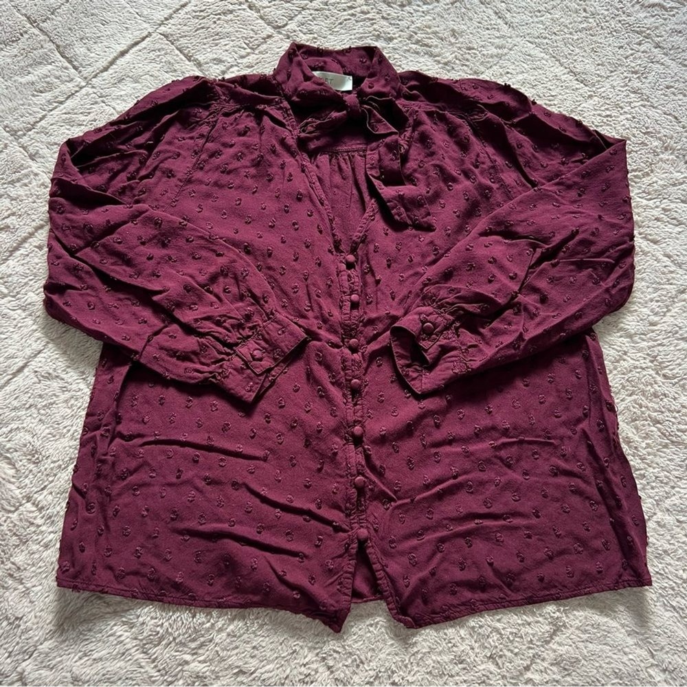 LOFT Bow Tie Long Sleeve Blouse Preppy Minimalist Capsule Whimsical Cottage Sz S